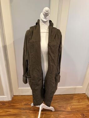 Free People Olive-Taupe Knit Hoodie with Drawstring